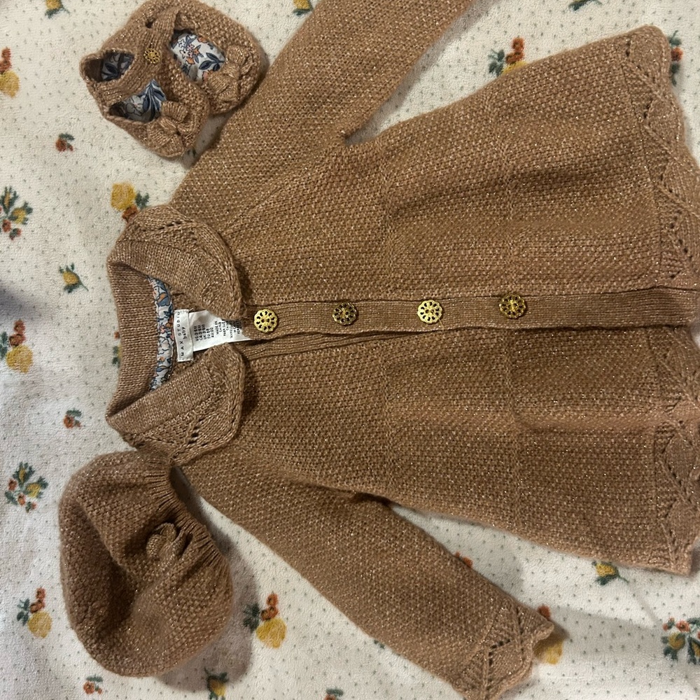 3 piece set Brown Knit Baby Cardigan with Beret and Knit Shoes